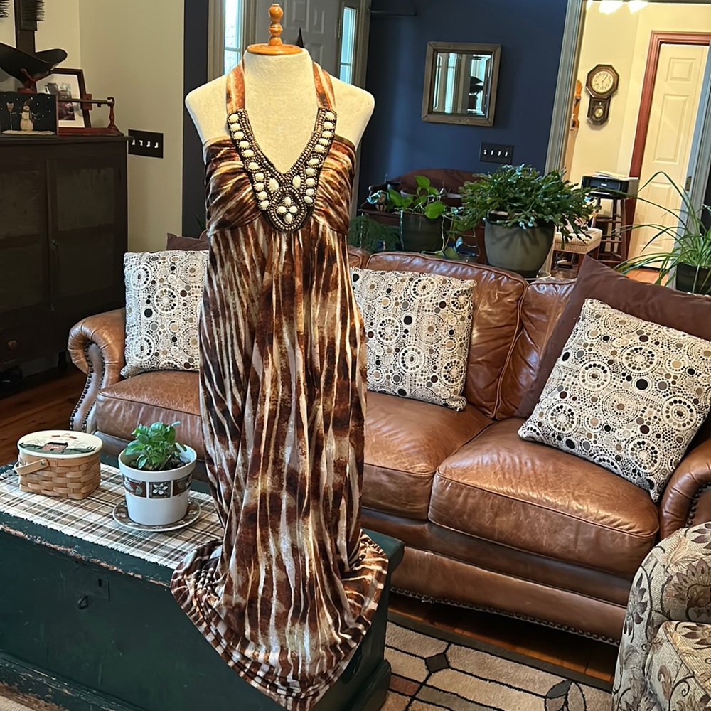 Roulette Animal Stripe Full Length Halter Dress